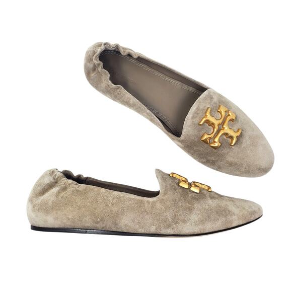 Tory Burch Eleanor Loafer Flat Shoes Suede Classic Taupe 88985 Logo Size US 9 - Picture 1 of 12
